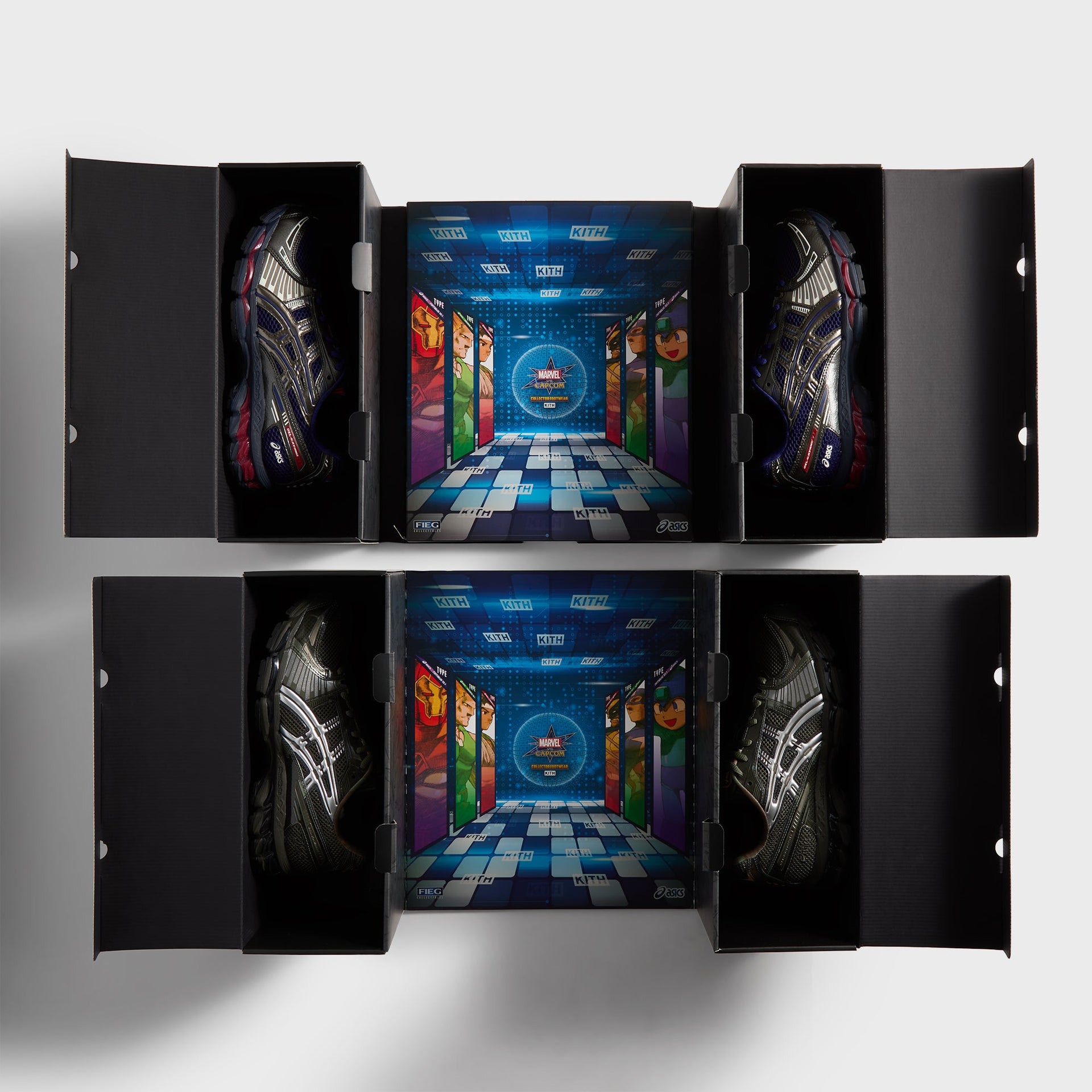 Marvel vs. Capcom | Kith for ASICS GEL-KAYANO® 12.1 Captain America vs. Guile Double Box - Dive Blue / Gunmetal / Deep Depths / Gunmetal