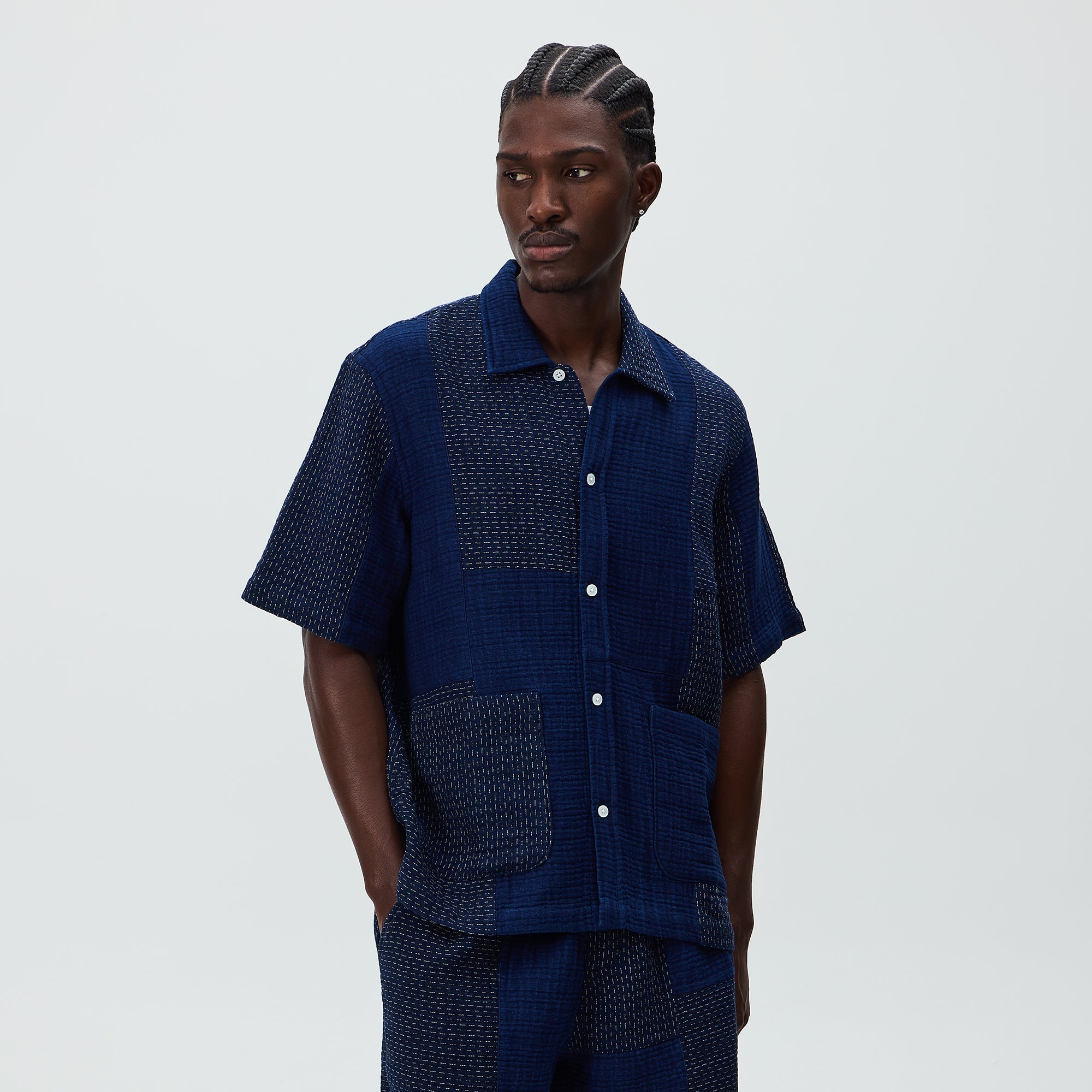 Kith Stitched Patchwork Boxy Collared Overshirt - Mid Indigo - PH
