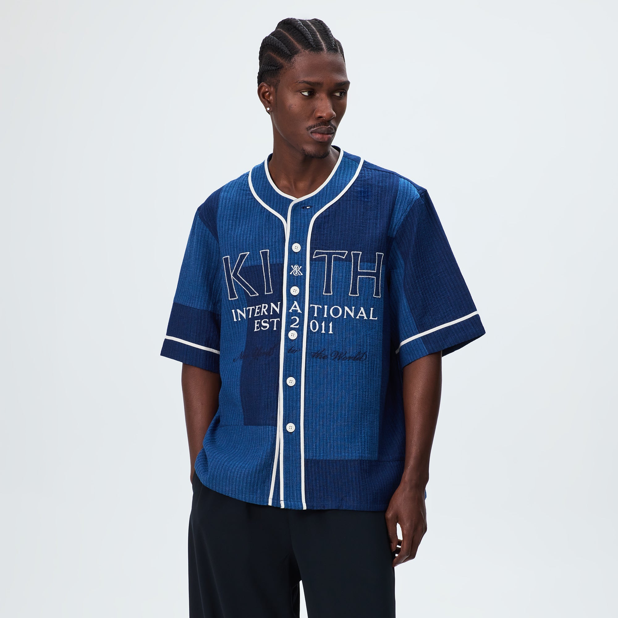 ぴ*ち様 KITH ストライプ柄長袖シャツ SS 2023 刺繍 Kith Patchwork Indigo Seersucker Short Sleeve Daley Shirt - Indigo