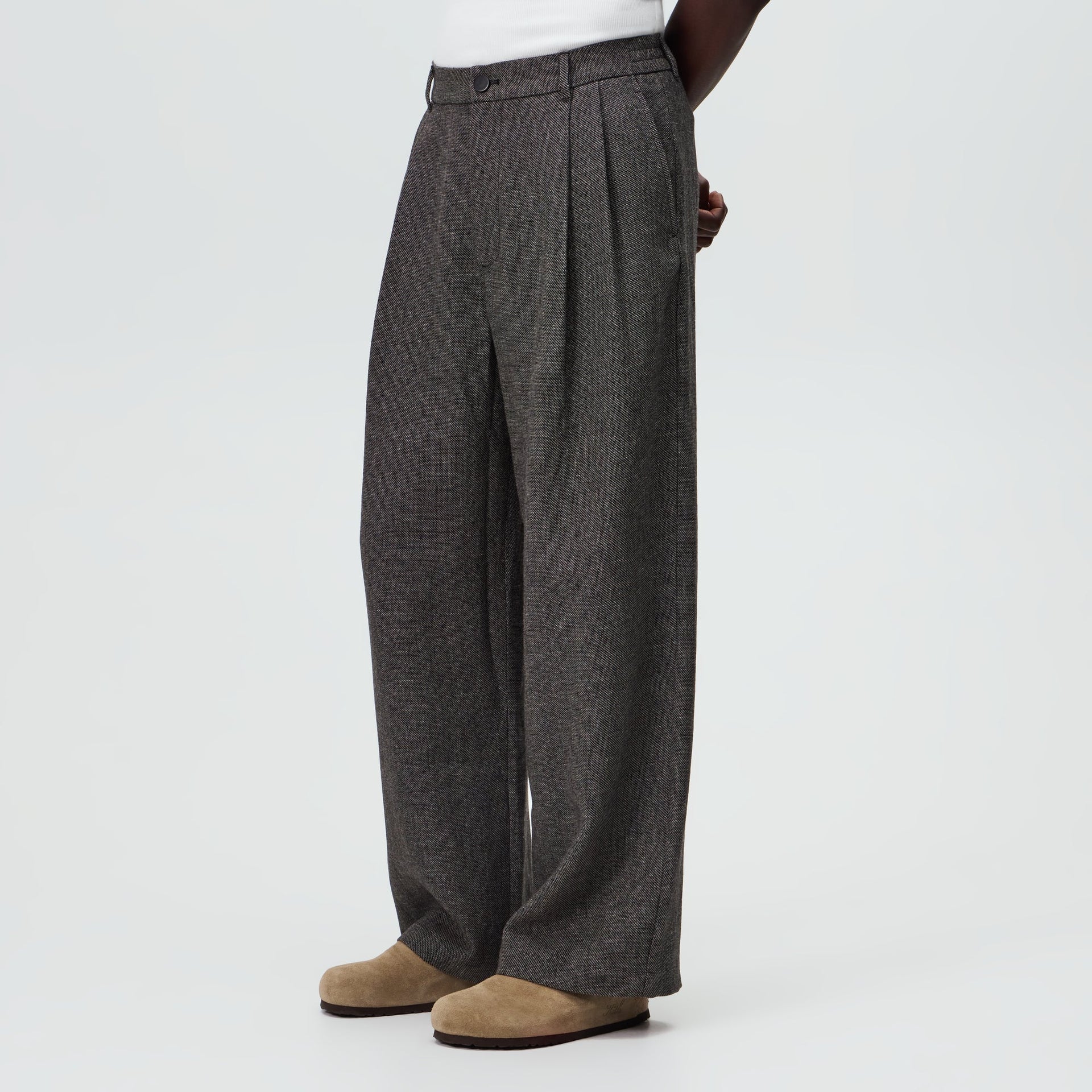&Kin Textured Linen Flax Brynn Pleated Pant  - Black Melange - PH