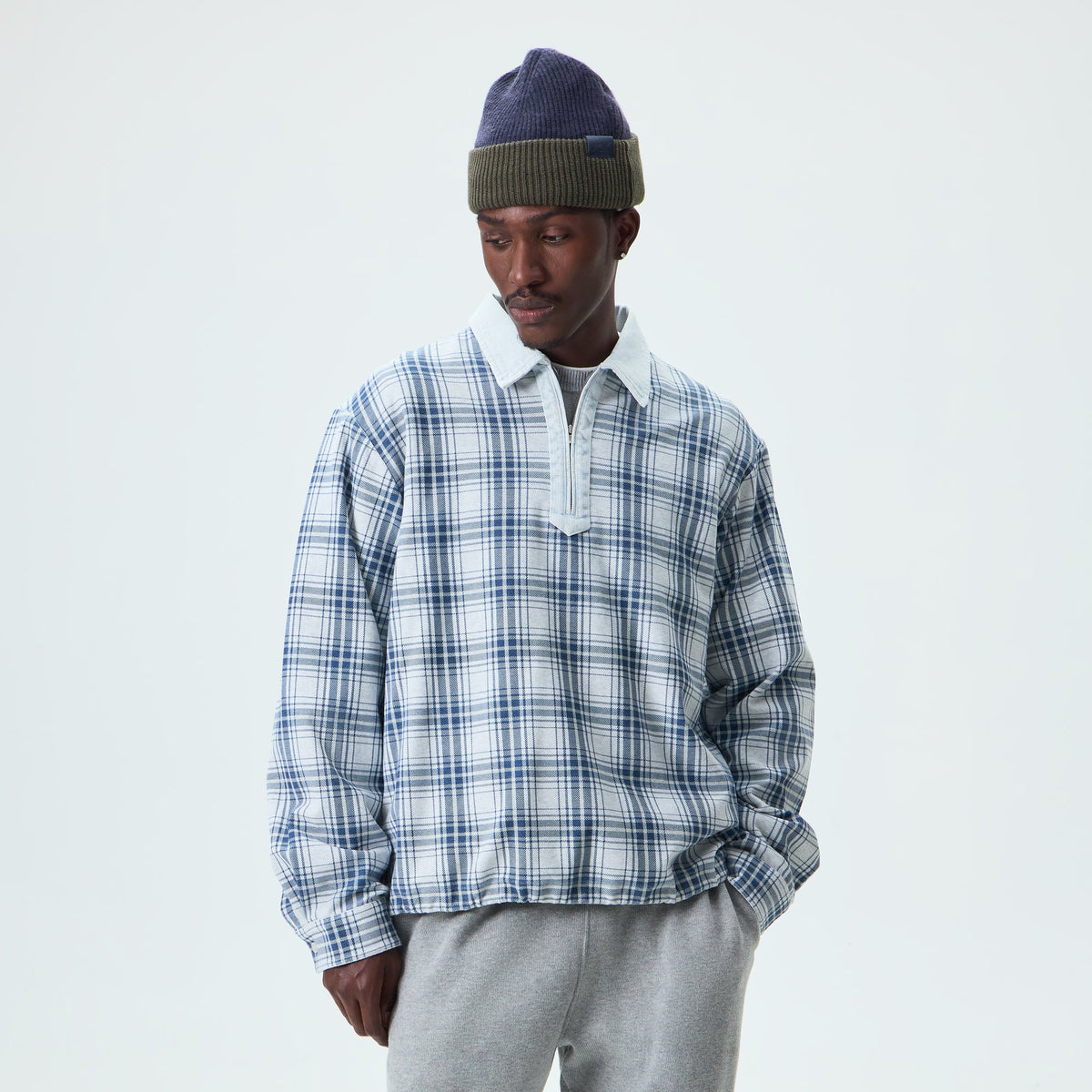 Kith Plaid Jersey Kurt Quarter Zip - Light Heather Grey