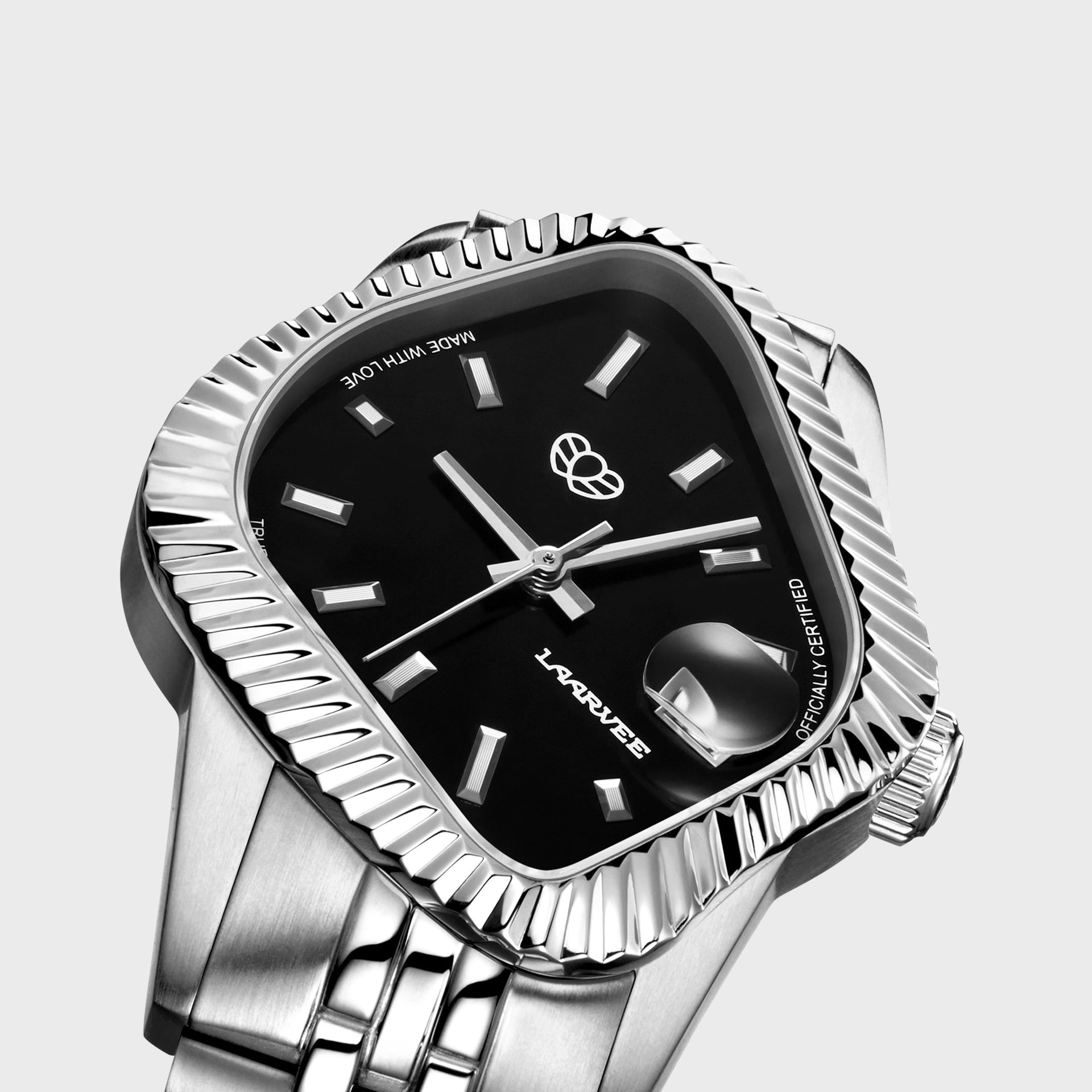 Laarvee Silver Precision Steel - Polished Fluted Bezel / Black Dial
