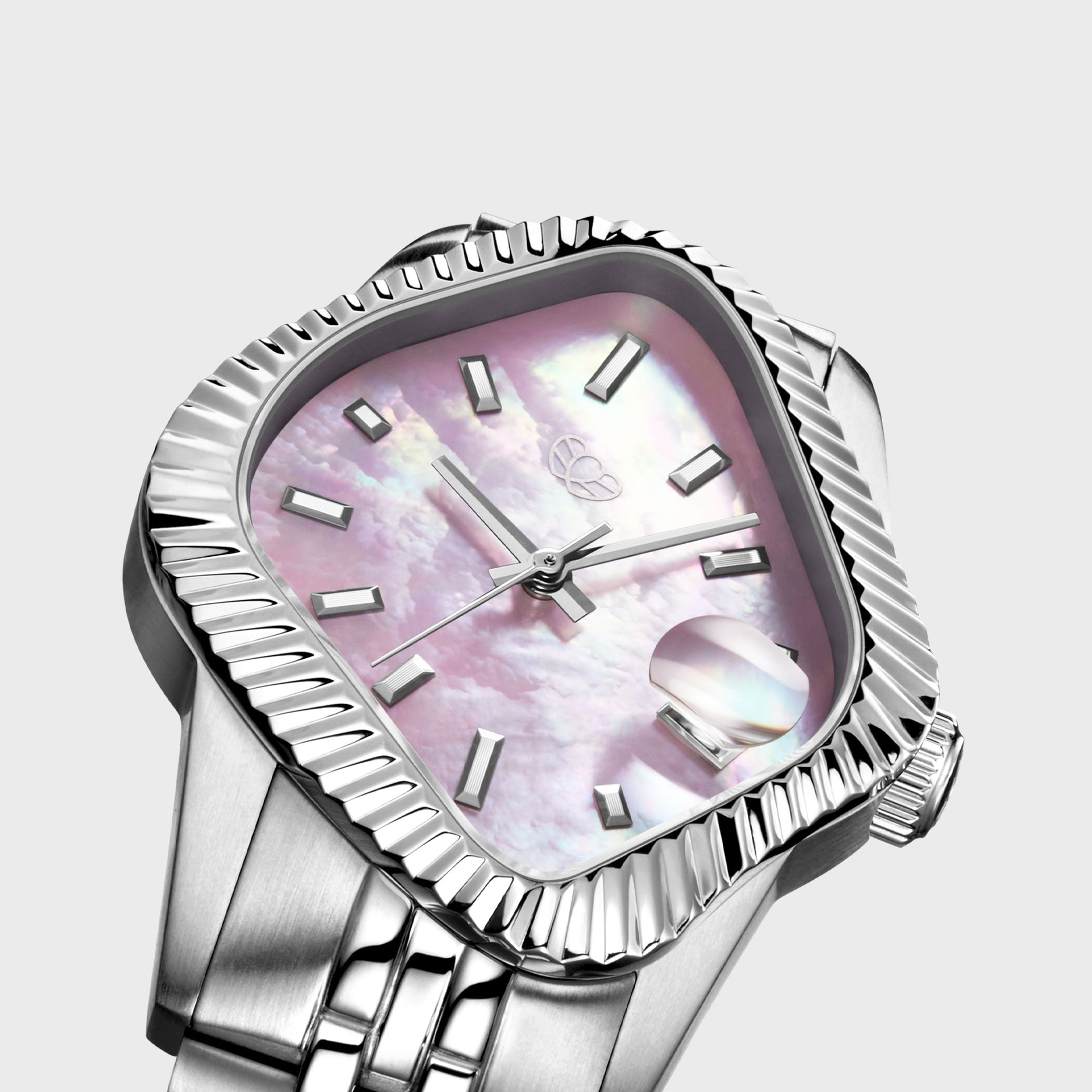 Laarvee Silver Precision Steel - Polished Fluted Bezel / Natural Pink Mother-of-Pearl Dial