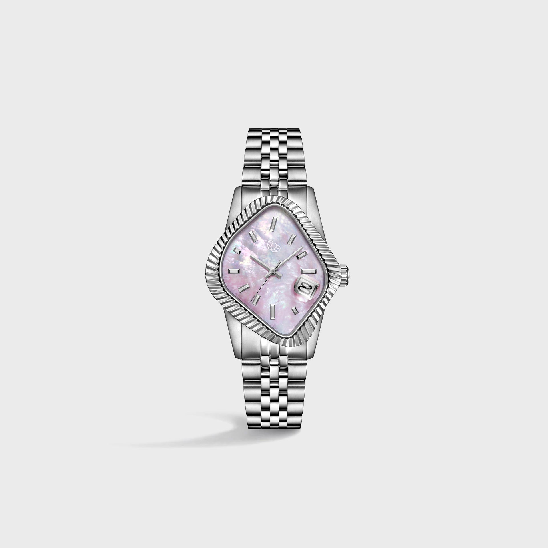 Laarvee Silver Precision Steel - Polished Fluted Bezel / Natural Pink Mother-of-Pearl Dial