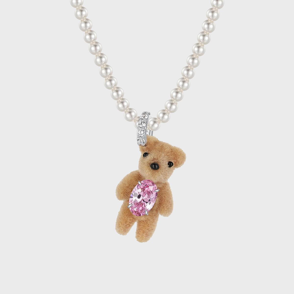 YVMIN Mini Flocked Bear Pearl Necklace - Pink